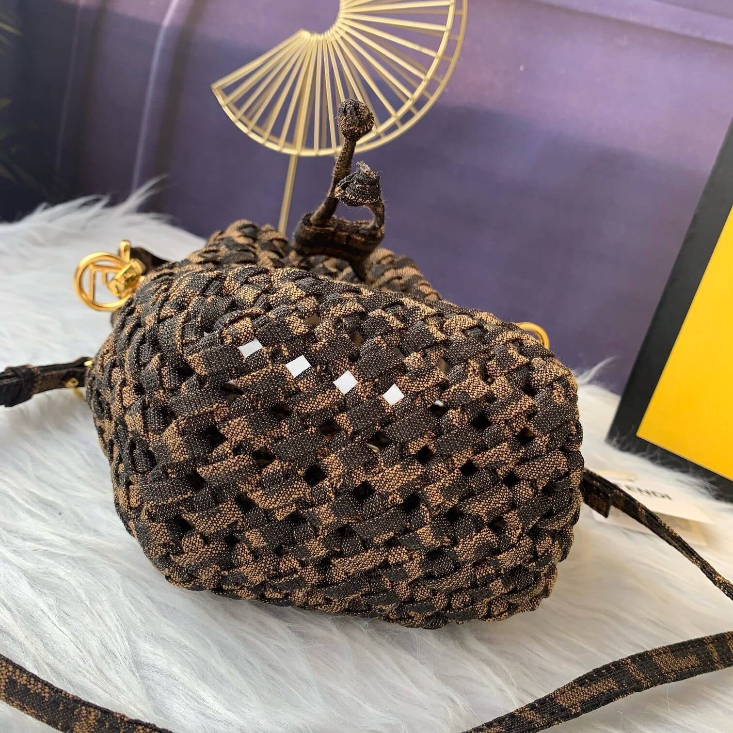 Fendi–Style Zucca Monogram Macramé Bucket Bag with Shoulder Strap – Brown - Image 7