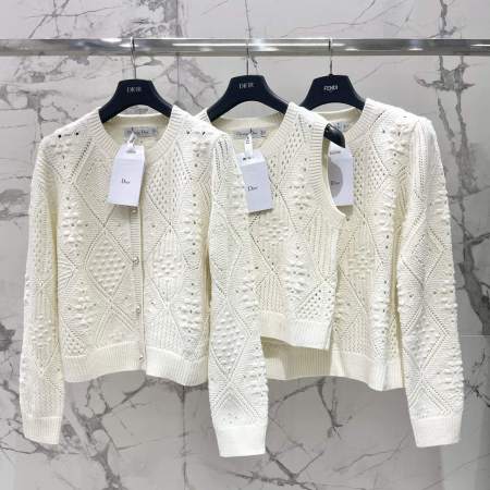 Dior White Diamond Plaid Cut-Out Wool Knitted Sweater