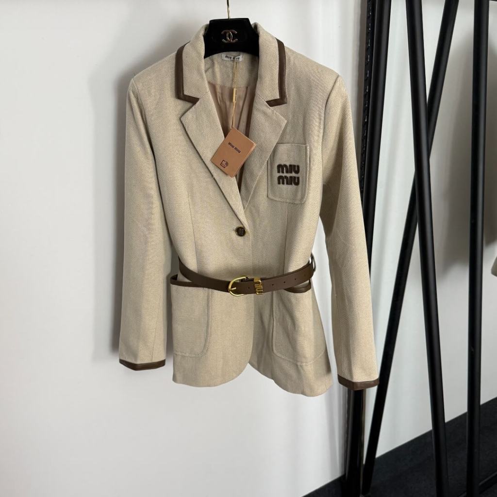 Miu Miu Single-Breasted Corduroy & Leather Jacket – Ivory with Brown Accents