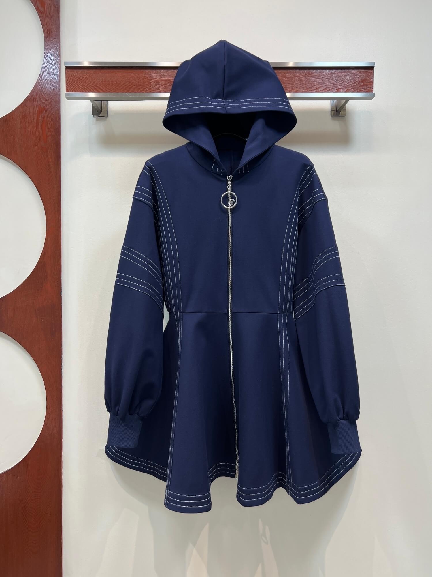 Louis Vuitton Contrast Stitch Zip-Up Hooded Parka – Navy with White Topstitch