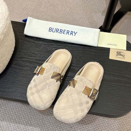 Burberry Beige Check Pattern Buckle Clog Slides
