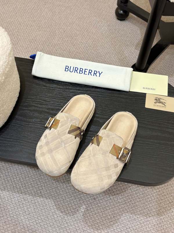 Burberry Beige Check Pattern Buckle Clog Slides