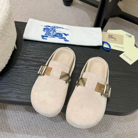 Burberry Beige Suede Check Buckle Slides