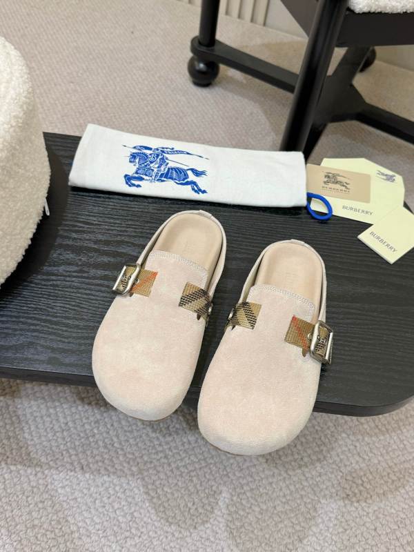Burberry Beige Suede Check Buckle Slides