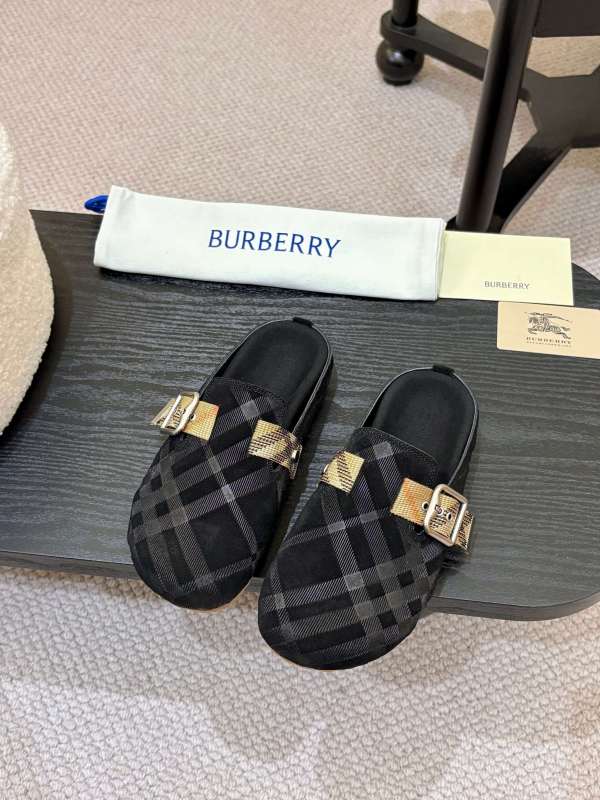 Burberry Black Check Pattern Buckle Clog Slides