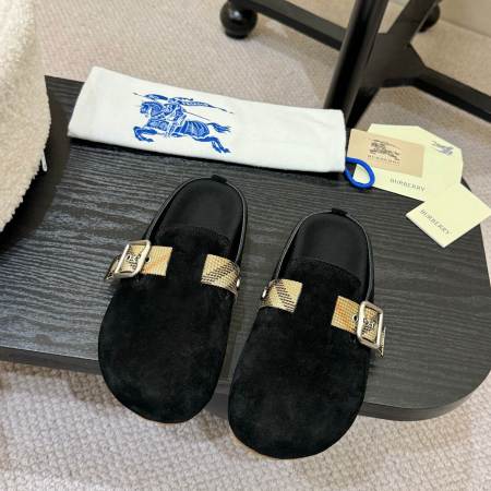 Burberry Black Suede Check Buckle Clog Slides