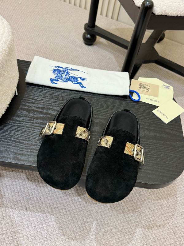 Burberry Black Suede Check Buckle Clog Slides