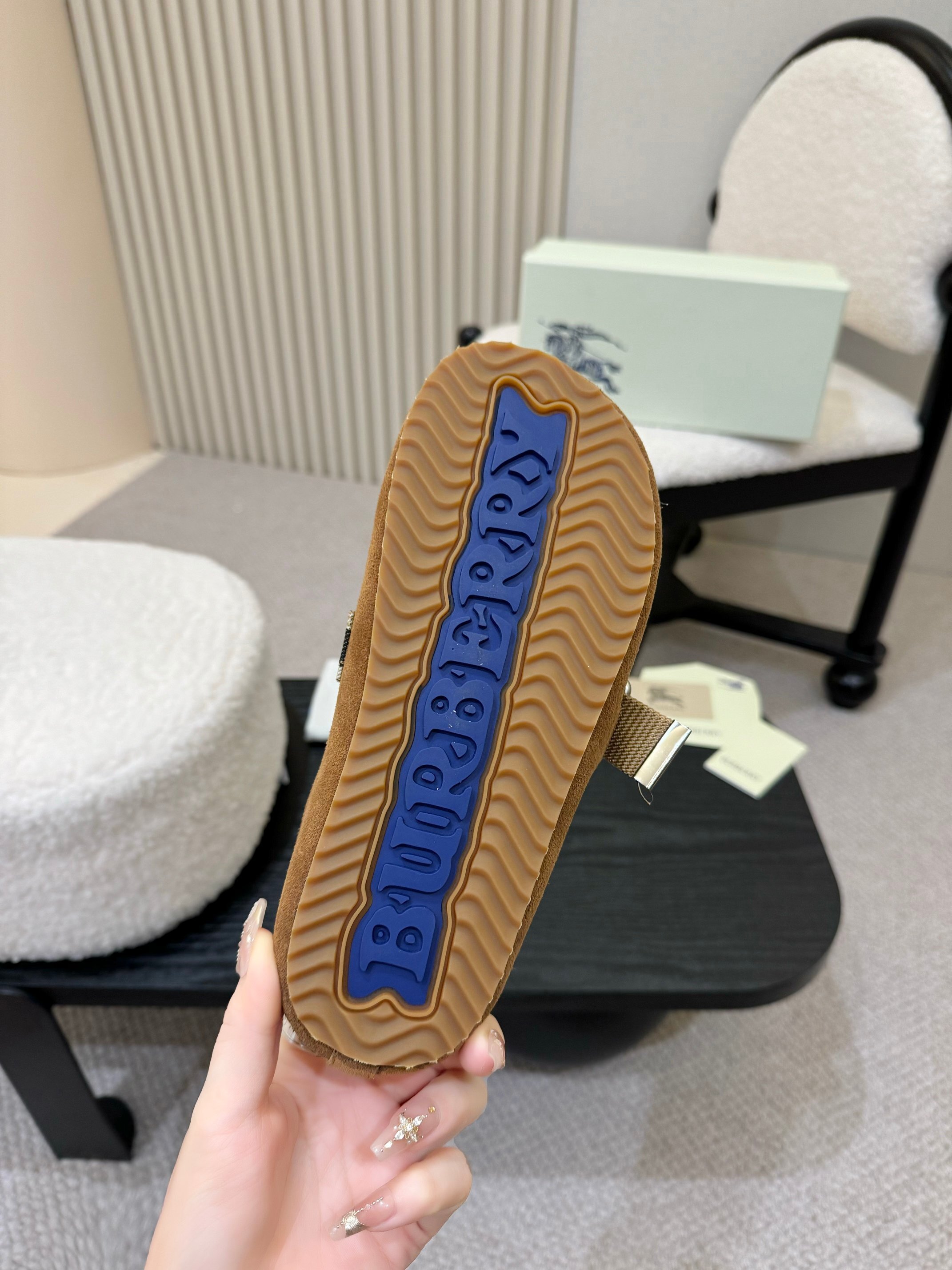 Burberry Camel Suede Check Buckle Clog Slides - Image 2