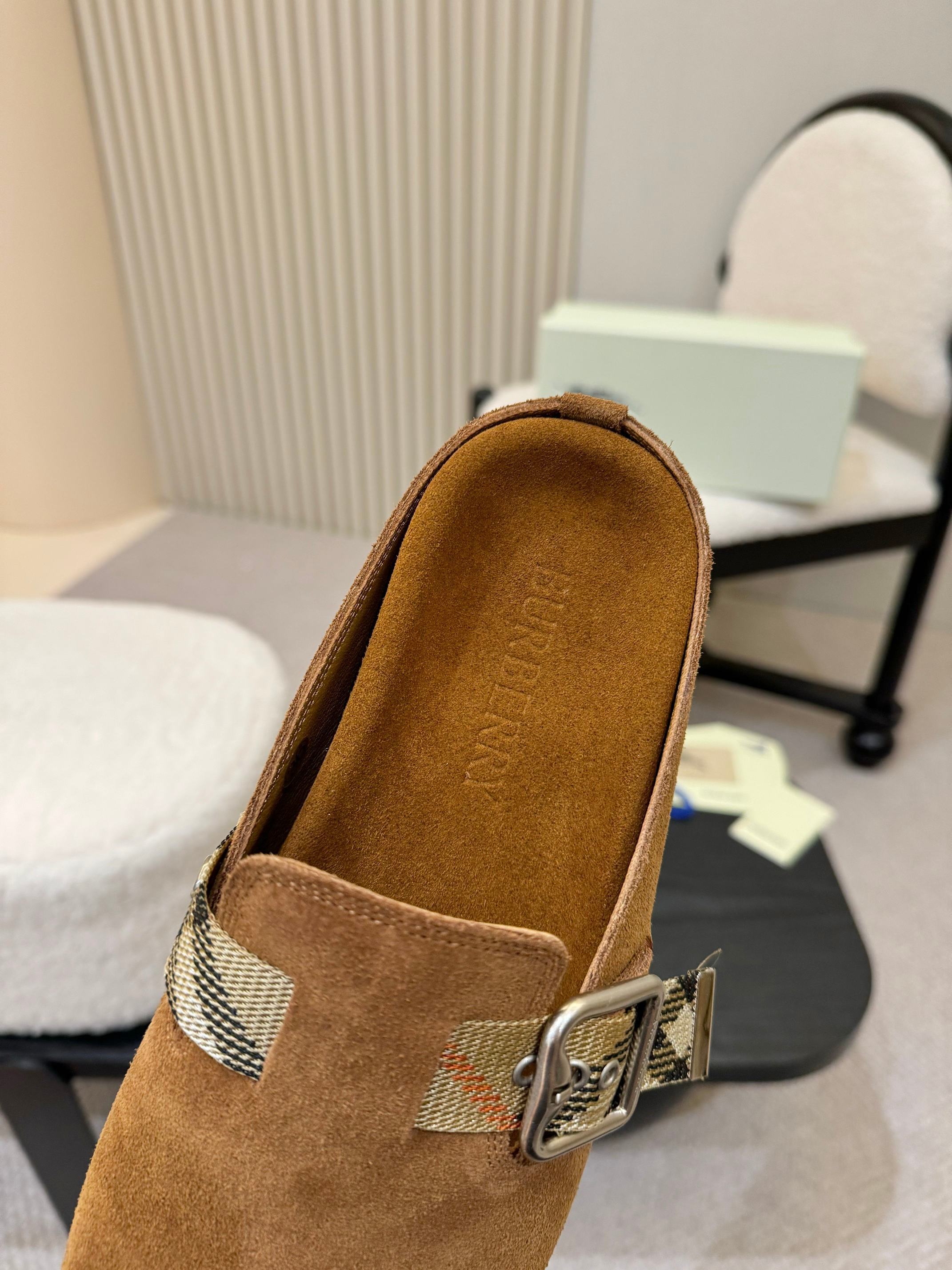 Burberry Camel Suede Check Buckle Clog Slides - Image 4