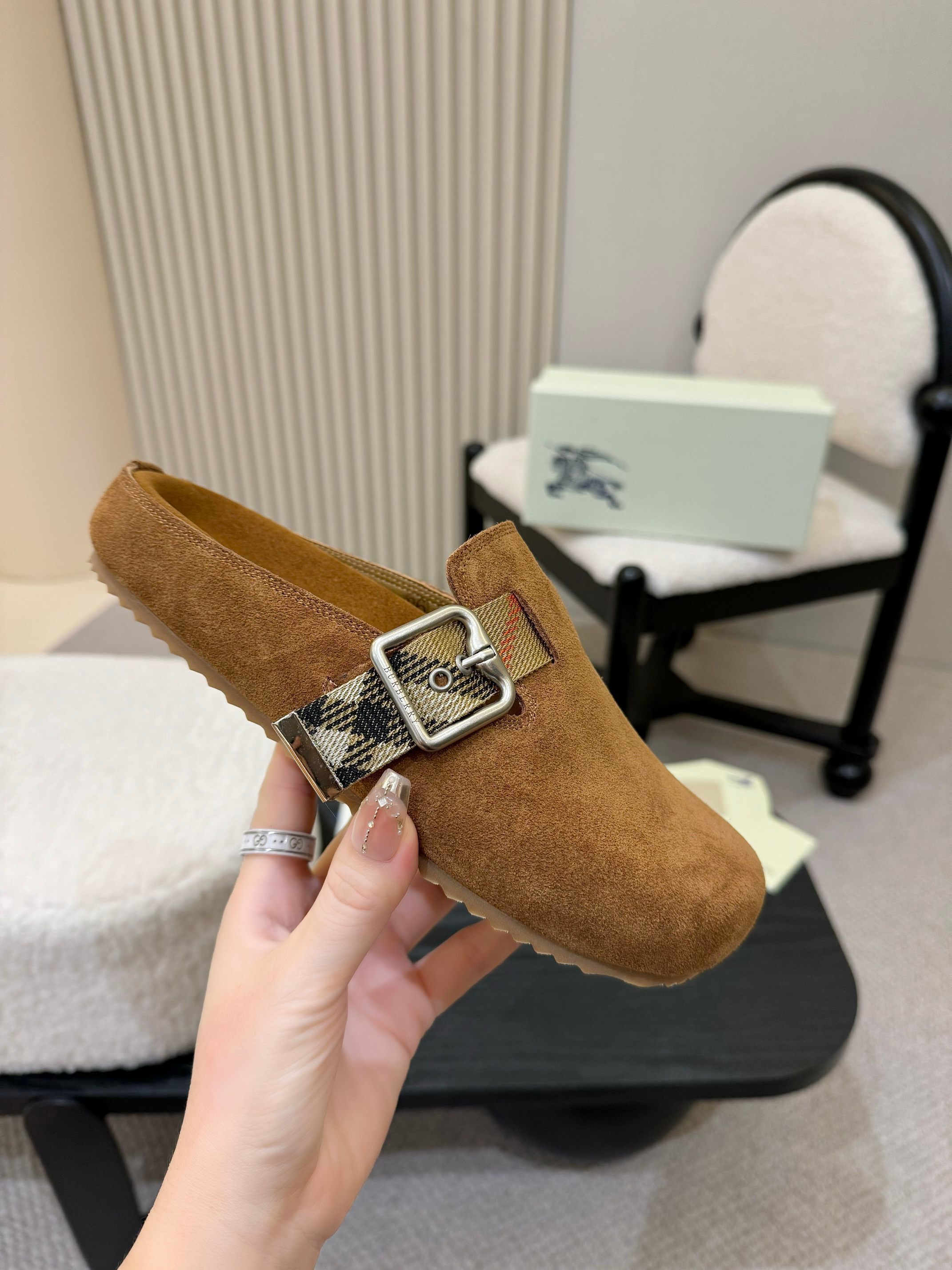 Burberry Camel Suede Check Buckle Clog Slides - Image 7