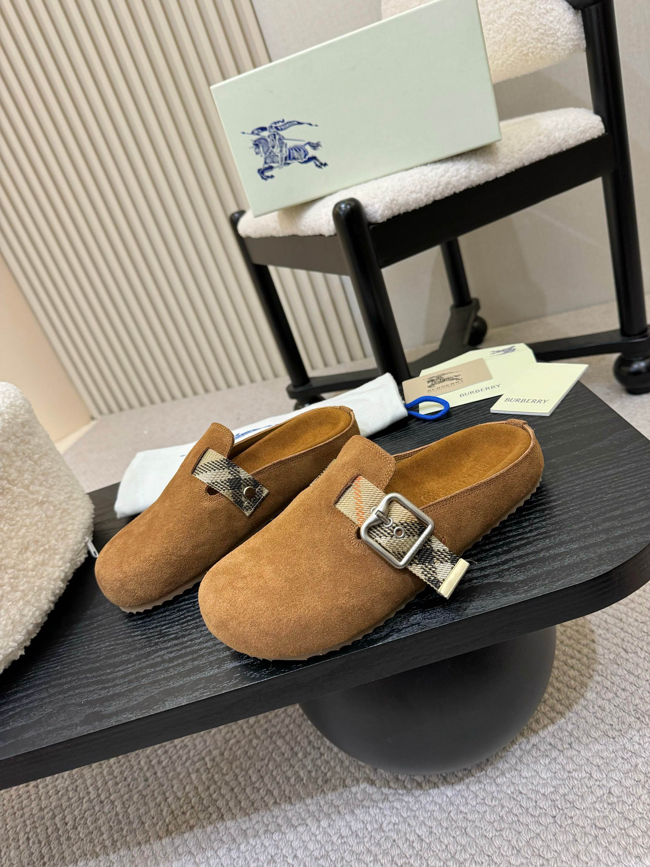 Burberry Camel Suede Check Buckle Clog Slides - Image 8