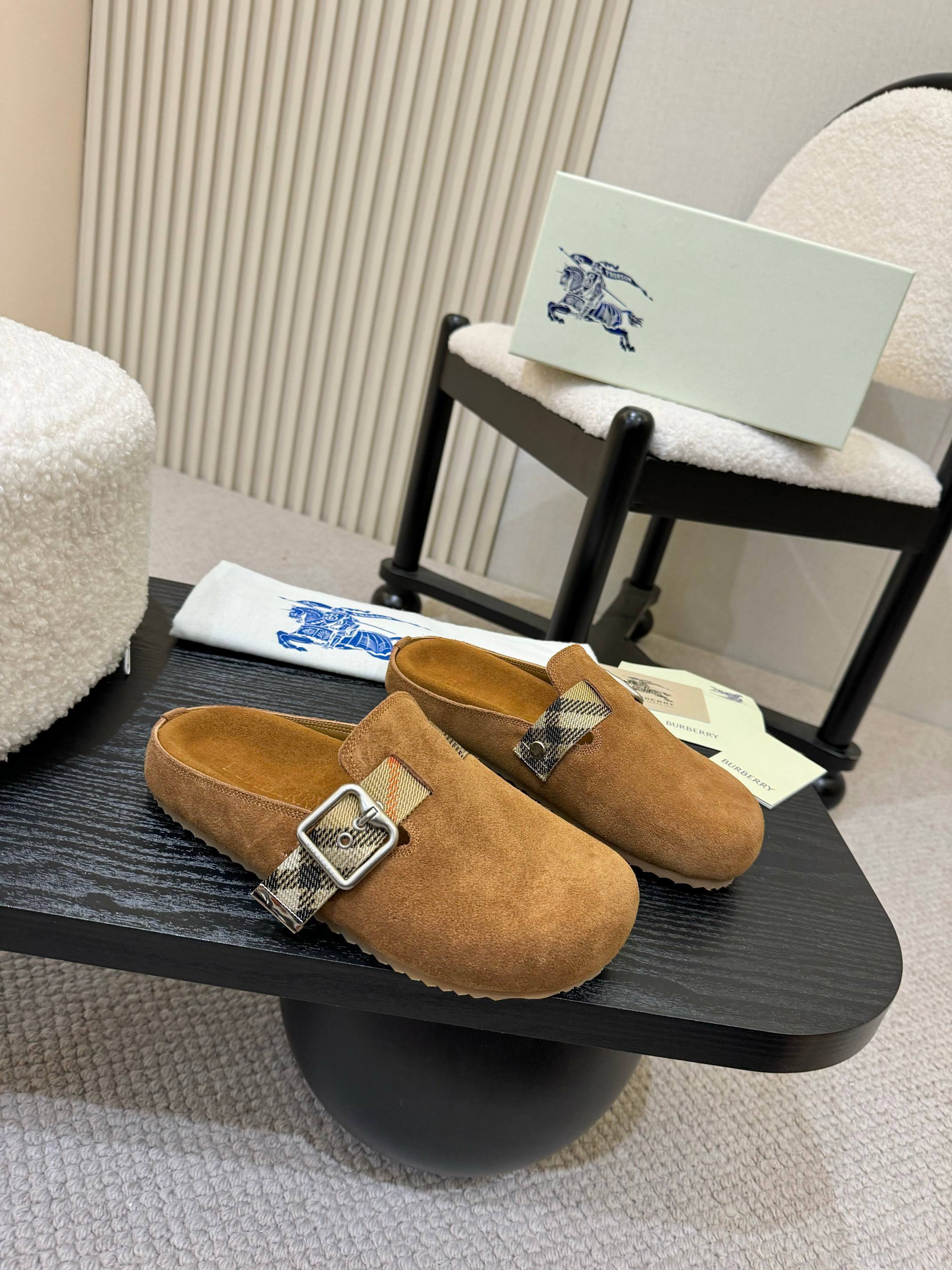 Burberry Camel Suede Check Buckle Clog Slides - Image 9