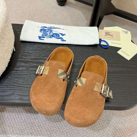 Burberry Camel Suede Check Buckle Clog Slides