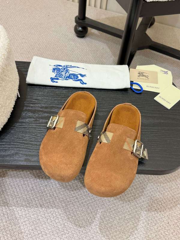 Burberry Camel Suede Check Buckle Clog Slides