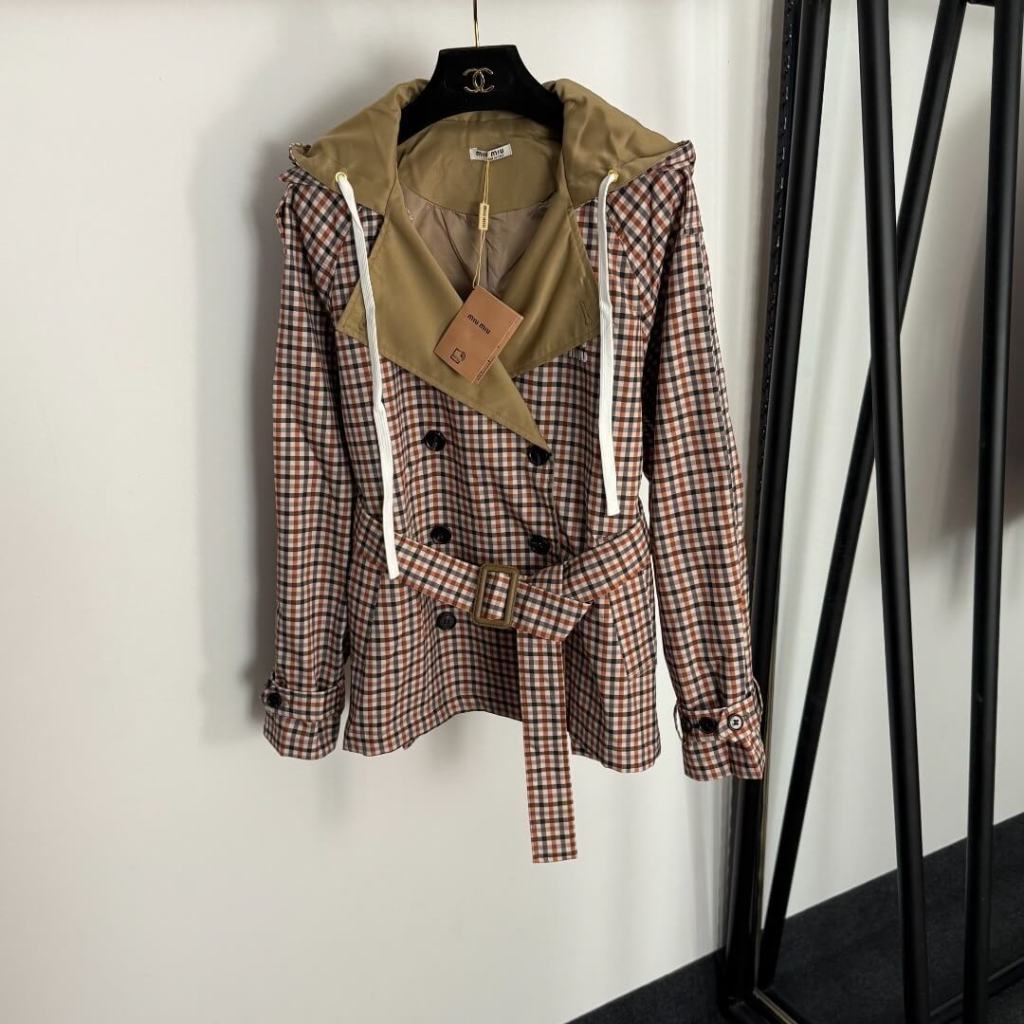 Miu Miu Vichy Plaid Hooded Trench Coat – Camel & Brown