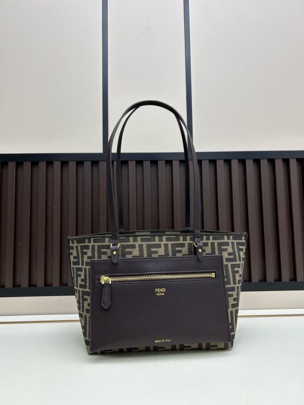 Fendi Roll Large Shopper Tote – FF Jacquard Canvas & Dark Brown Leather