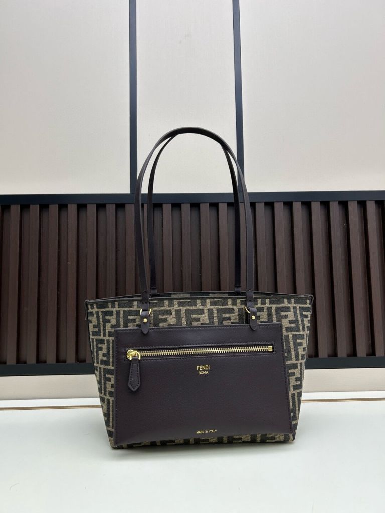 Fendi Roll Large Shopper Tote – FF Jacquard Canvas & Dark Brown Leather