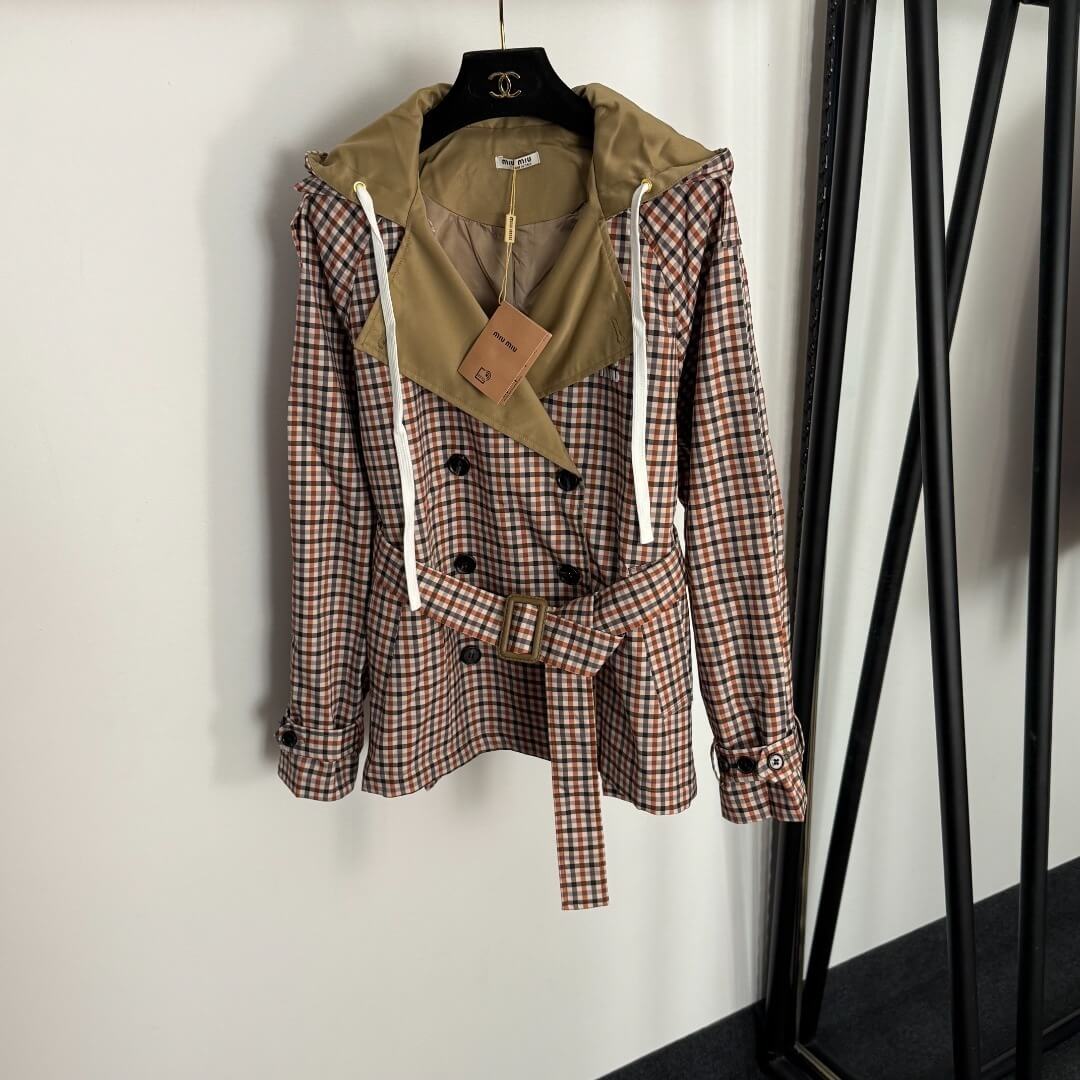 Miu Miu Vichy Plaid Hooded Trench Coat – Camel & Brown