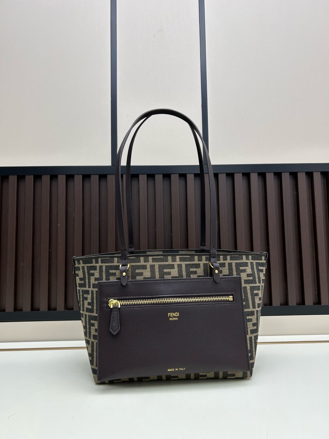 Fendi Roll Large Shopper Tote – FF Jacquard Canvas & Dark Brown Leather