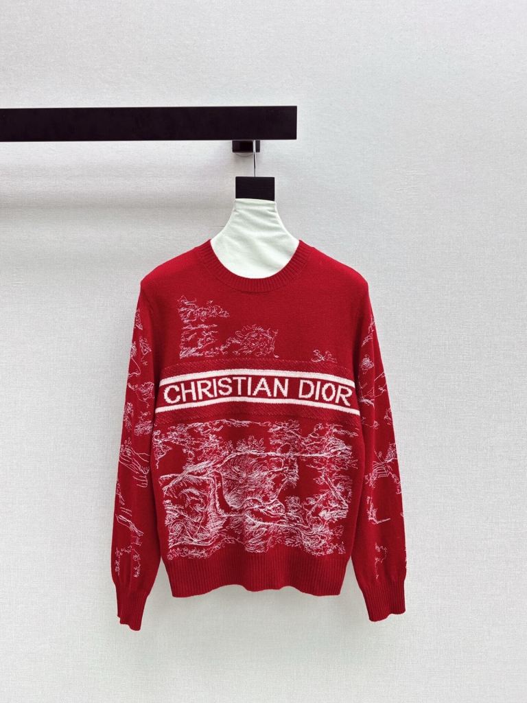 Christian Dior Red Knit Sweater with White Graphic Details