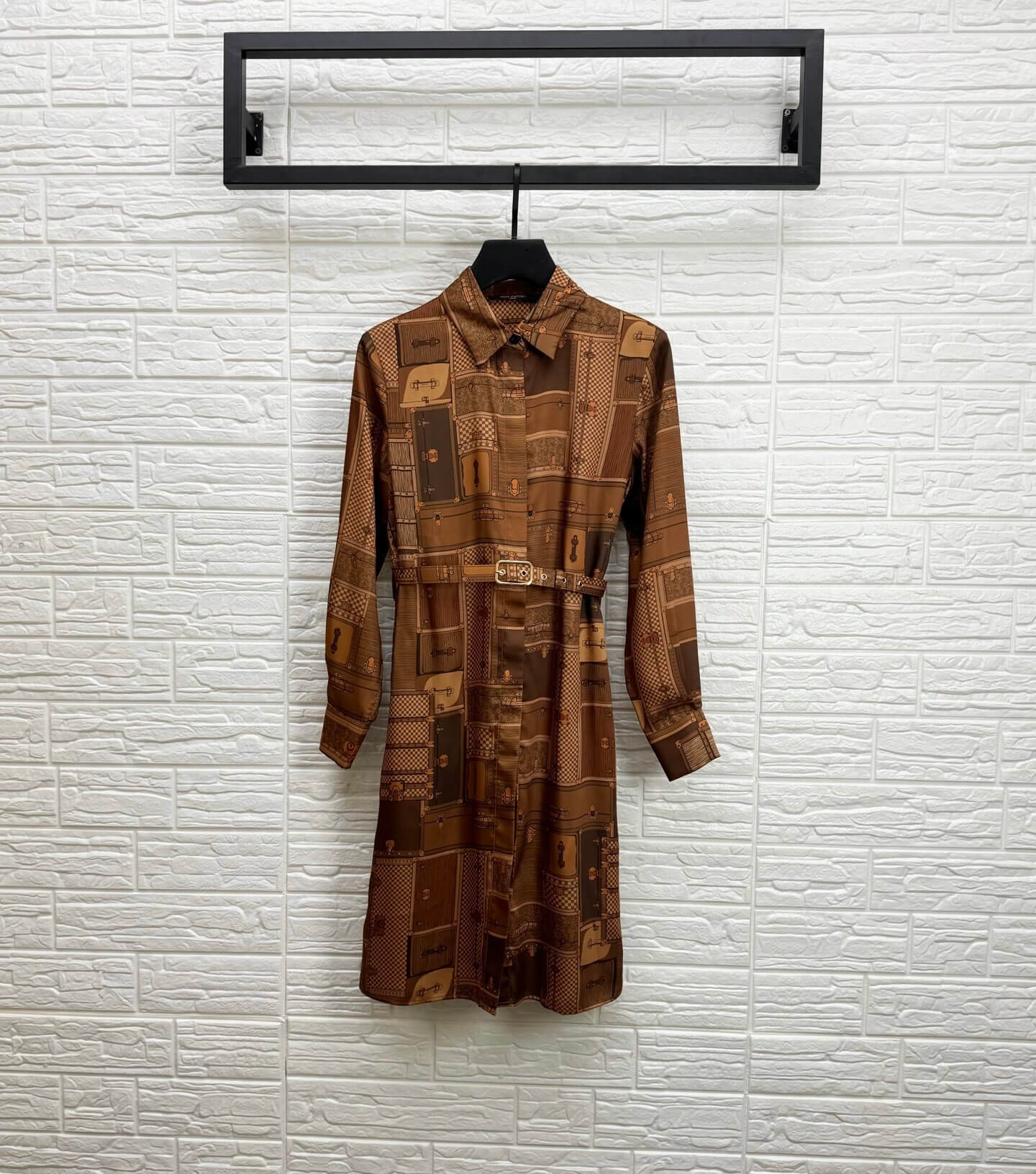 Louis Vuitton Luggage Print Silk Shirt Dress – Warm Brown