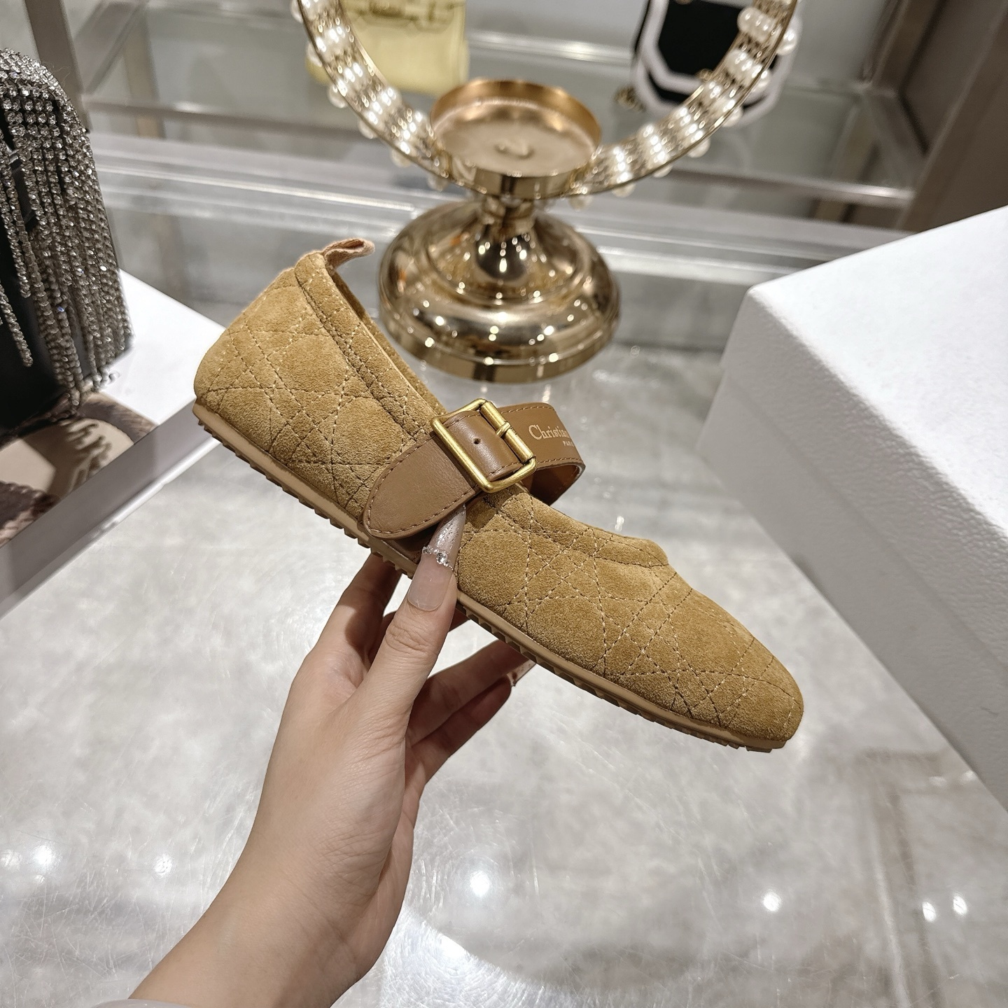 Dior Beige Quilted Suede Mary Jane Flats - Image 6
