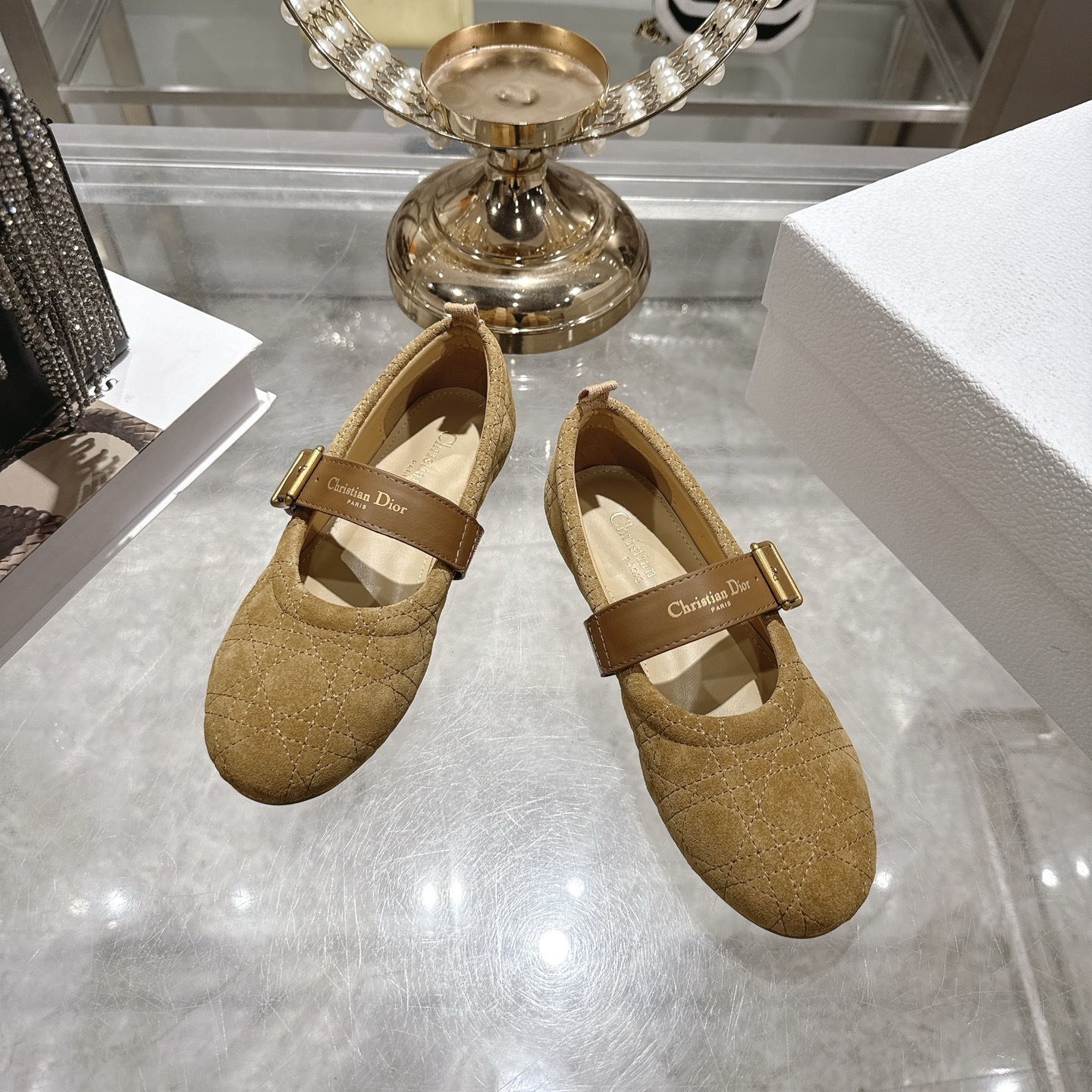 Dior Beige Quilted Suede Mary Jane Flats - Image 3