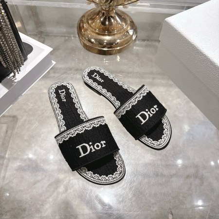 Dior Black Embroidered Cotton Dway Slides