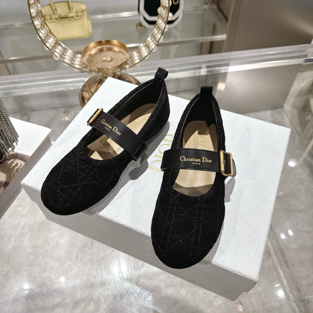 Dior Black Quilted Suede Mary Jane Flats