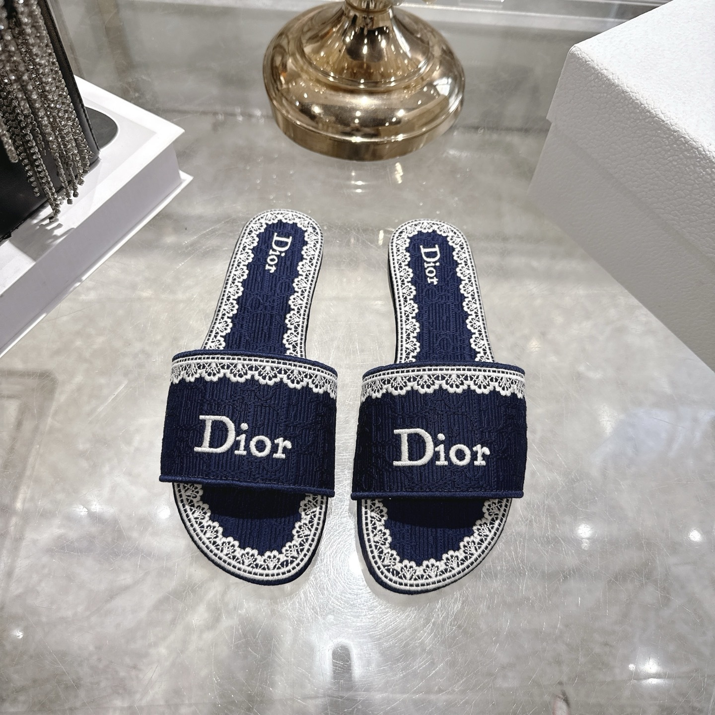 Dior Deep Blue Embroidered Cotton Dway Slides - Image 2