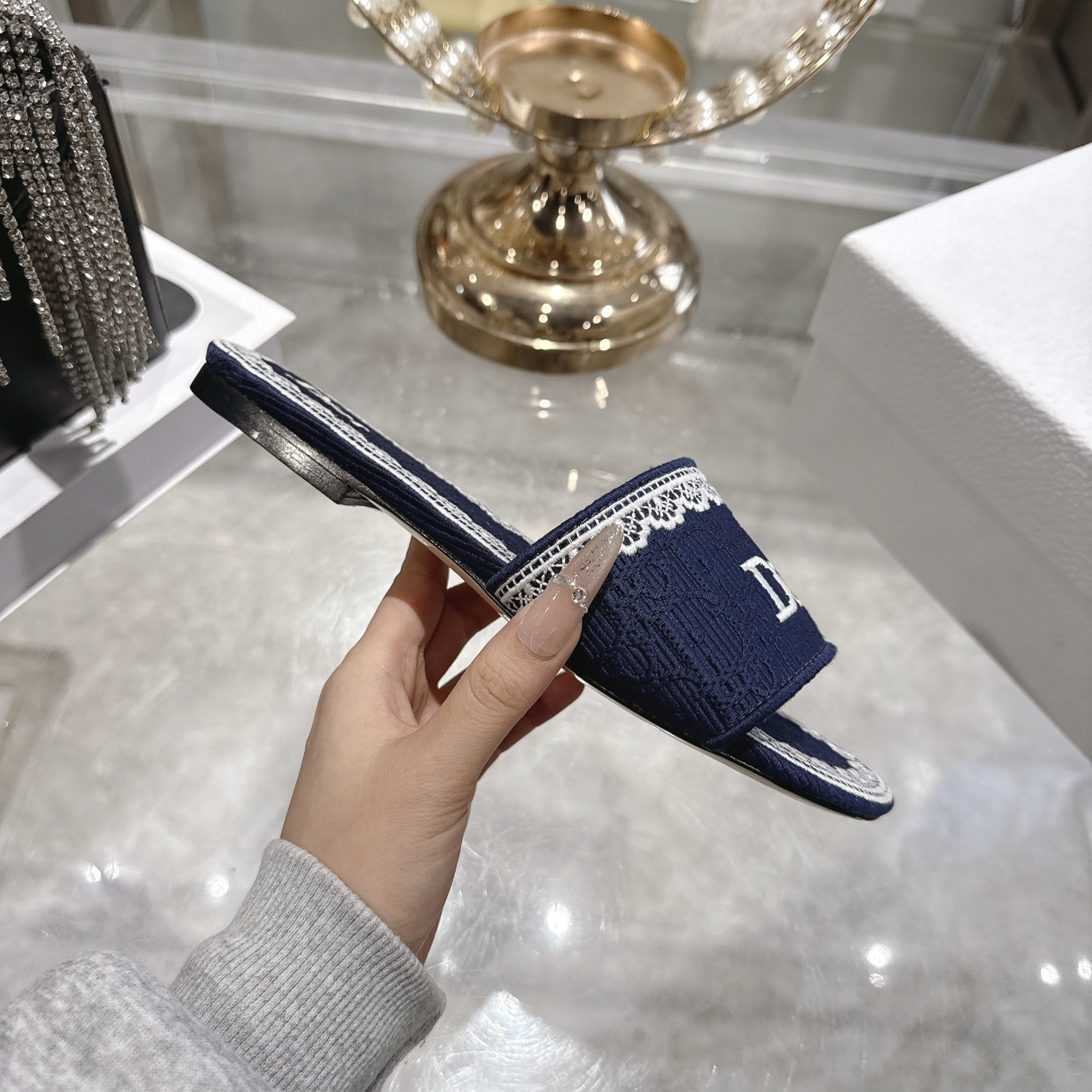 Dior Deep Blue Embroidered Cotton Dway Slides - Image 6