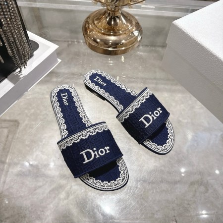 Dior Deep Blue Embroidered Cotton Dway Slides