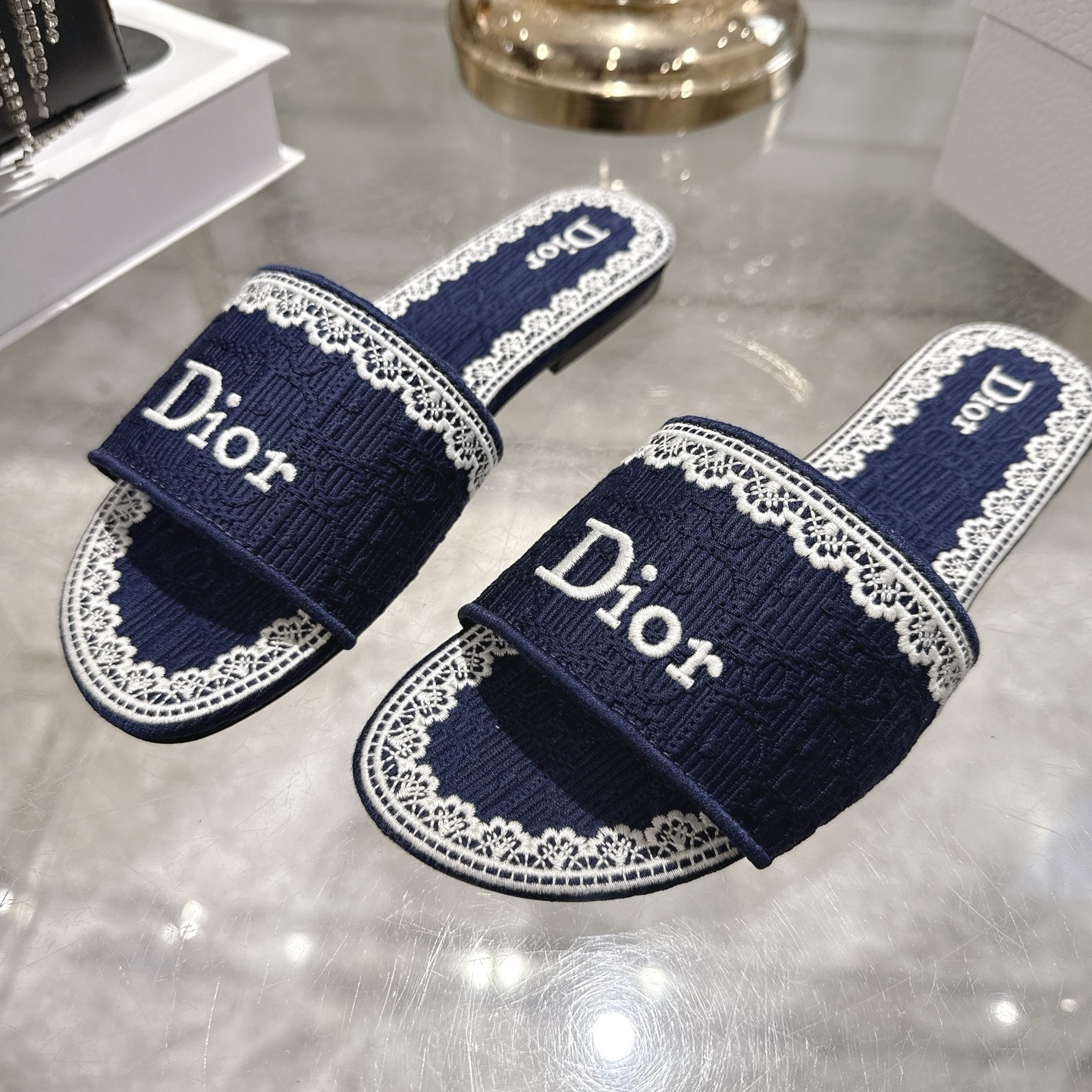 Dior Deep Blue Embroidered Cotton Dway Slides - Image 9