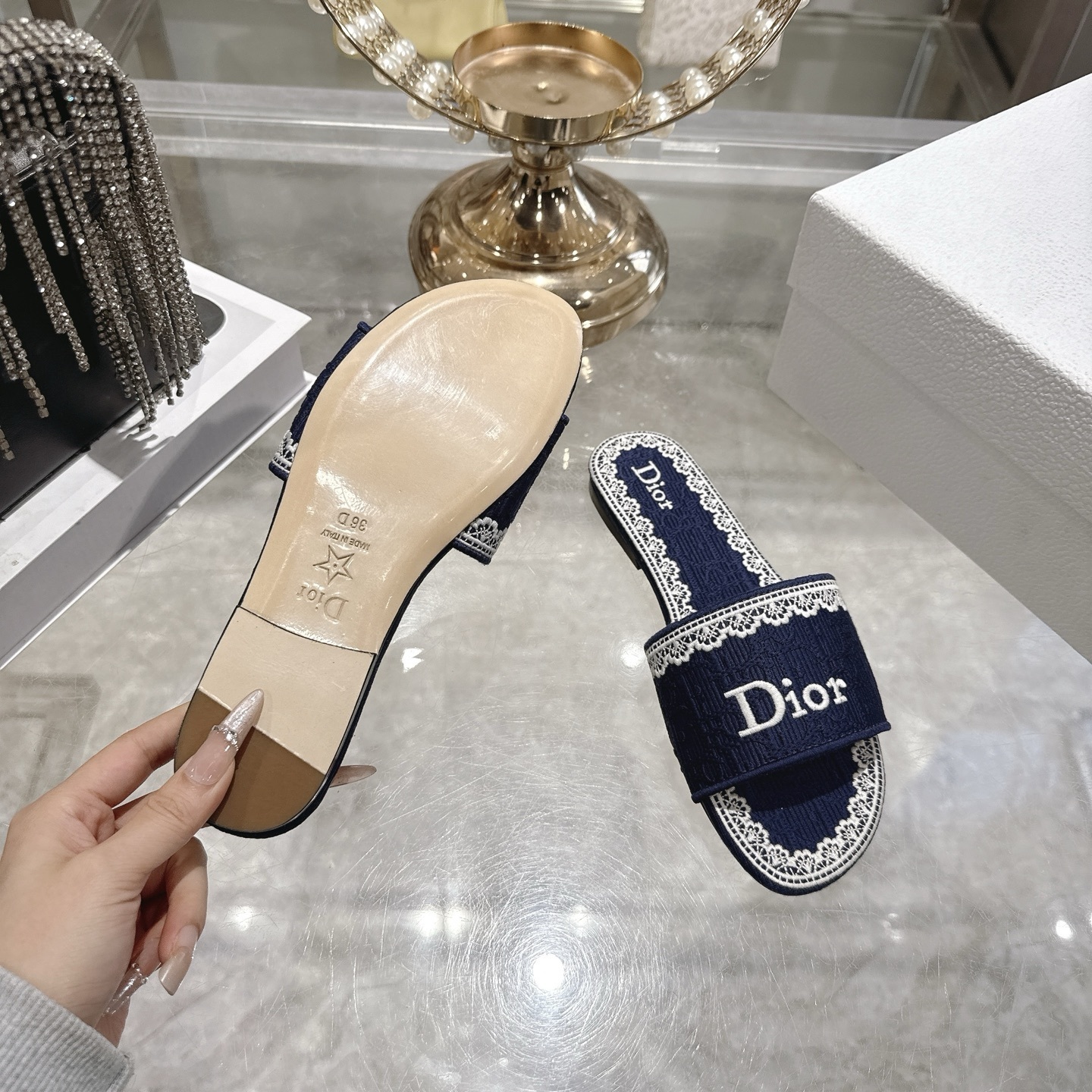 Dior Deep Blue Embroidered Cotton Dway Slides - Image 10