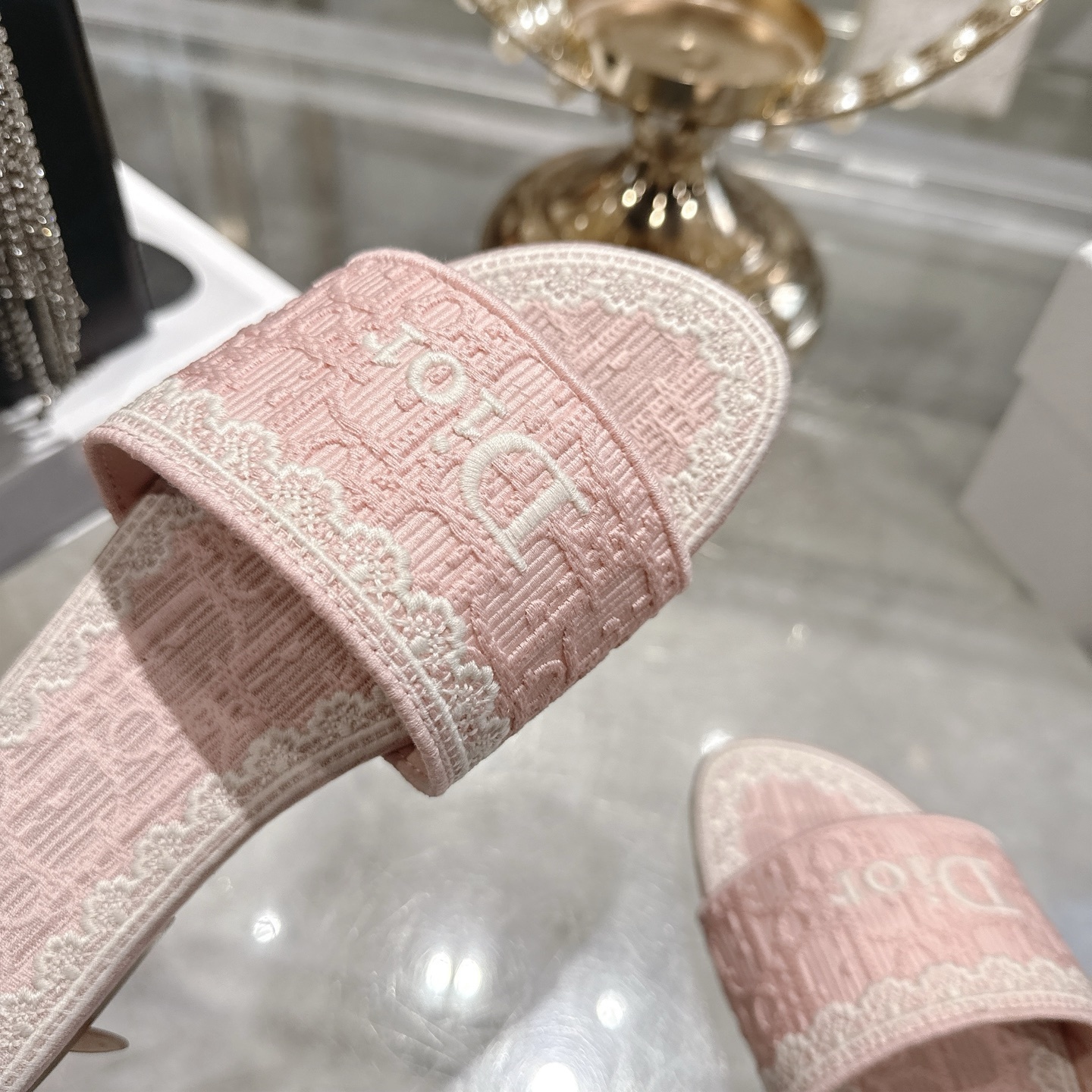 Dior Light Pink Embroidered Cotton Dway Slides - Image 8