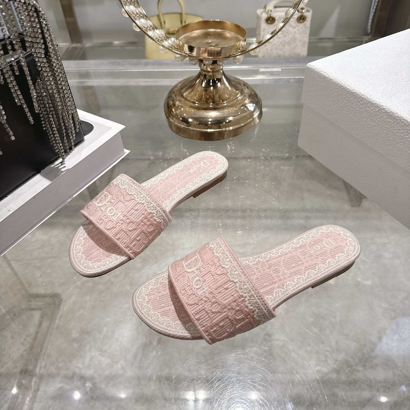 Dior Light Pink Embroidered Cotton Dway Slides - Image 5