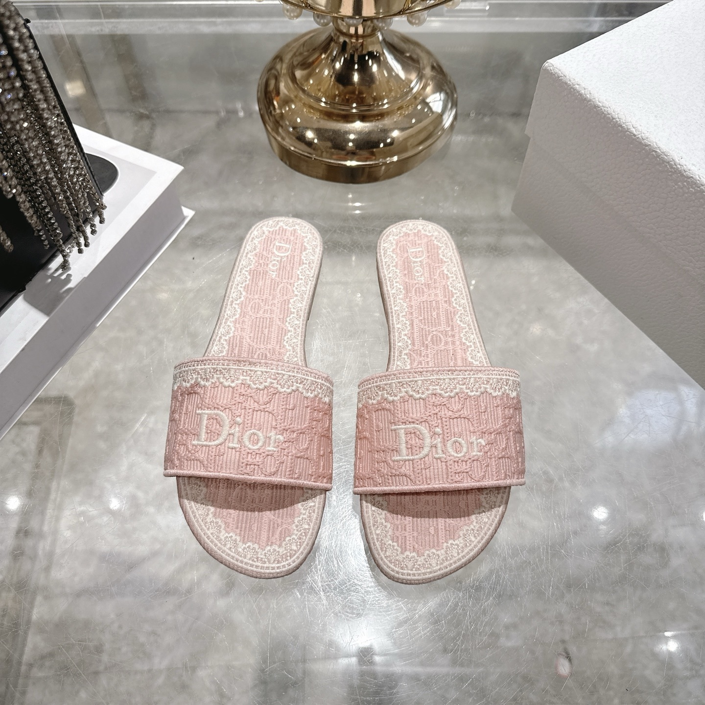 Dior Light Pink Embroidered Cotton Dway Slides - Image 2