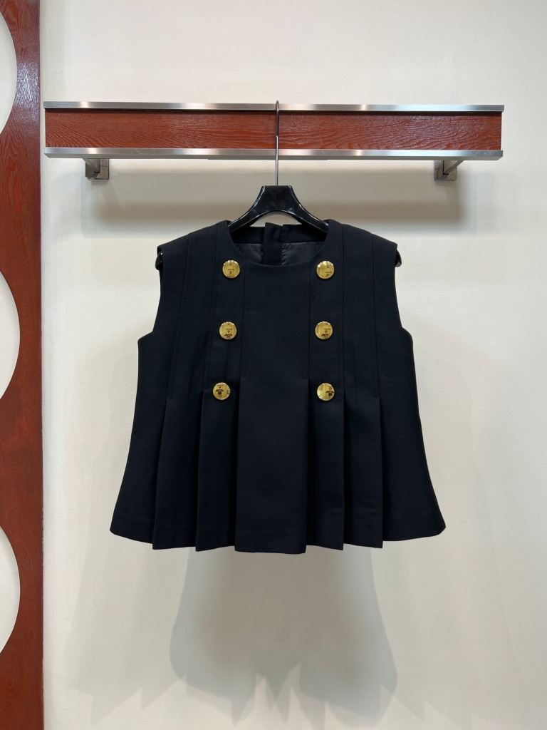 Louis Vuitton Double-Breasted Pleated Sleeveless Top with Gold Buttons – Black