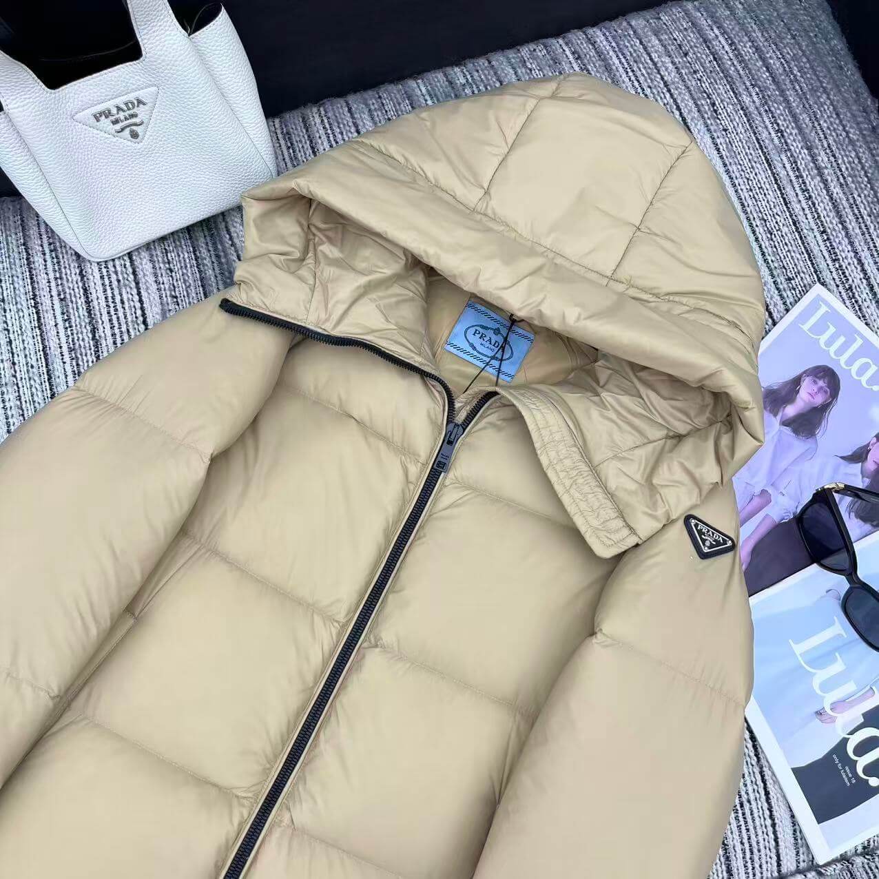 Prada Hooded Puffer Women's Down Jacket- Beige - Image 4