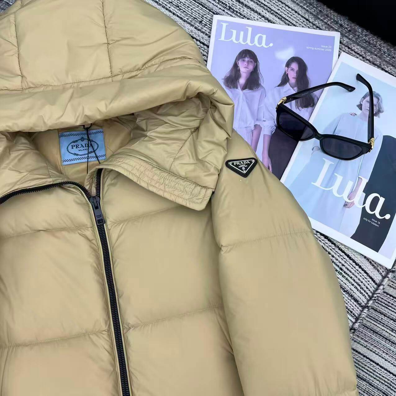 Prada Hooded Puffer Women's Down Jacket- Beige - Image 5
