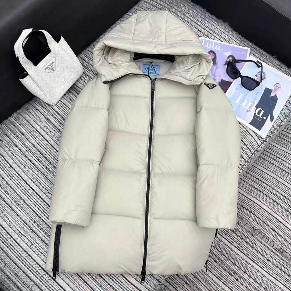 Prada Hooded Puffer Women's Down Jacket- Off-White
