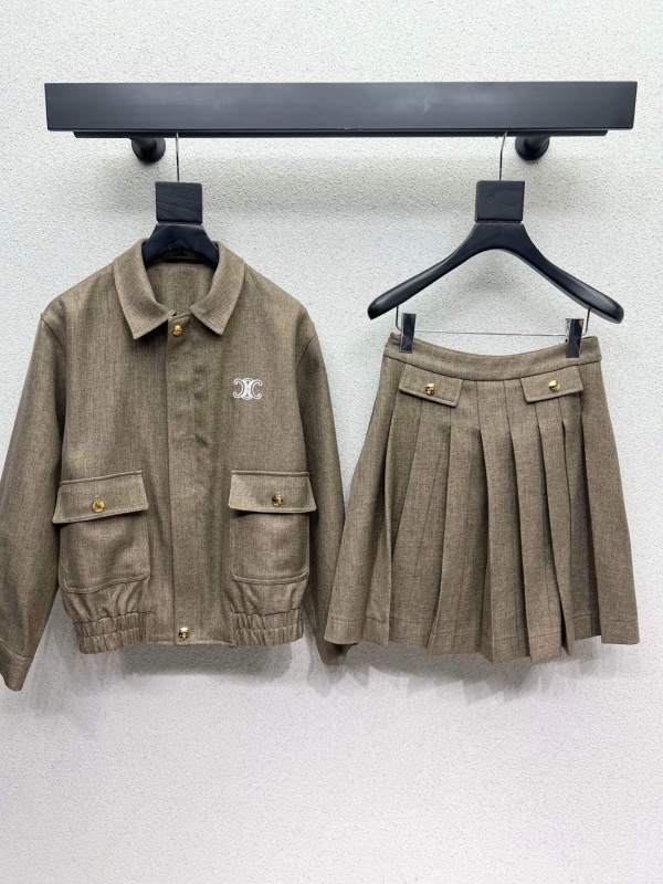 Celine Taupe Wool Blouson Jacket and Pleated Mini Skirt Set