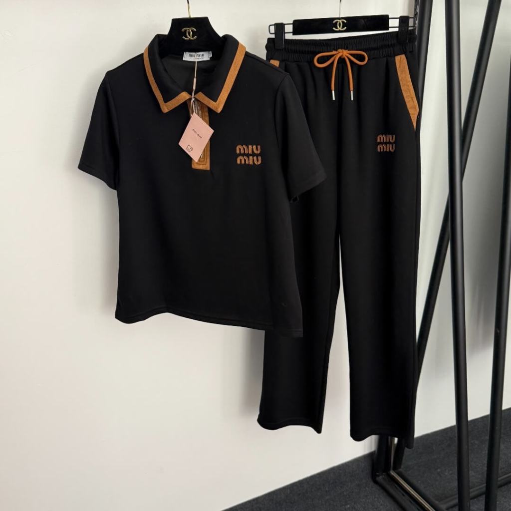 Miu Miu Intarsia-Logo Knit Hoodie & Pants Set – Black with Caramel Accents