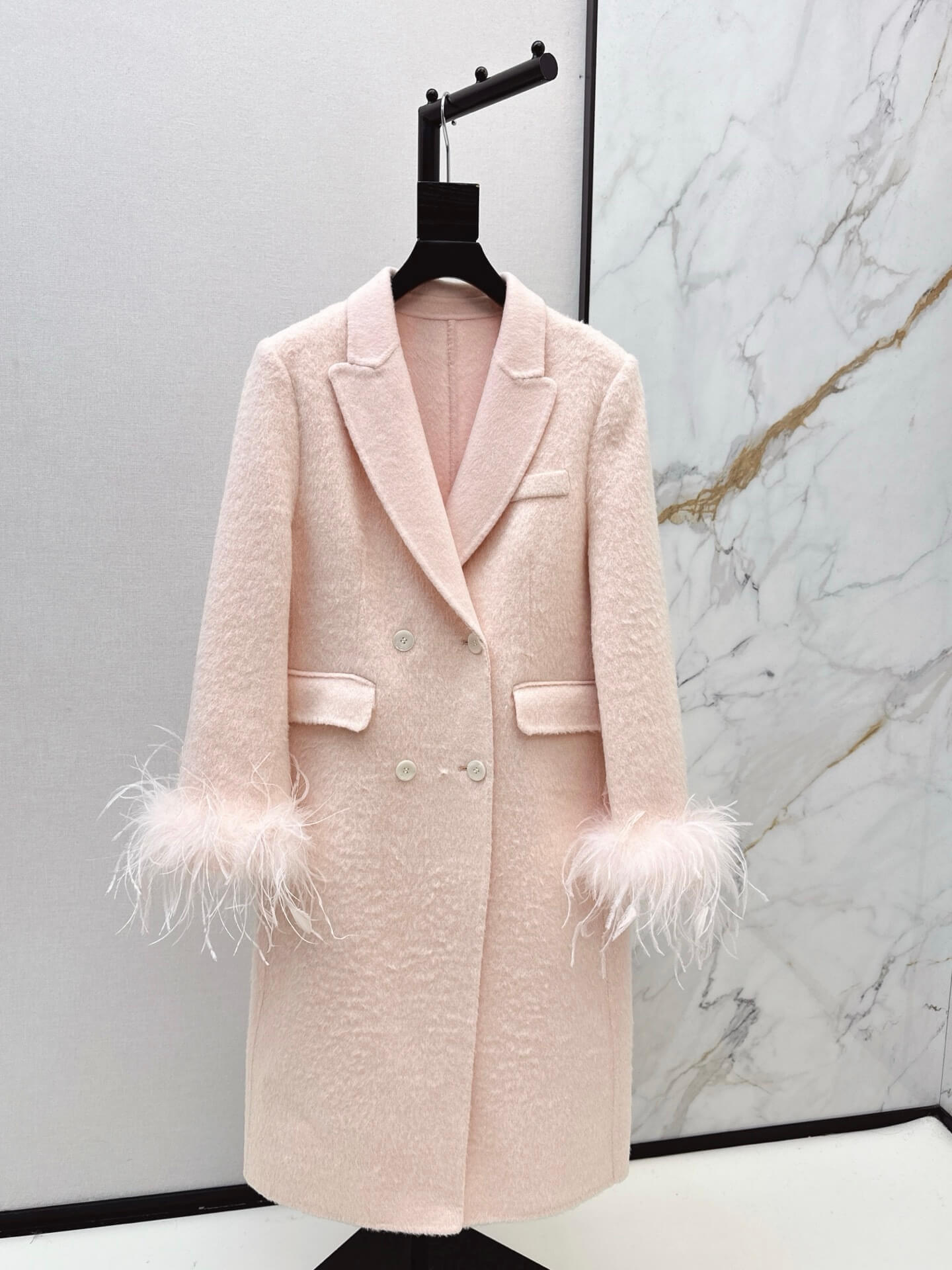 Miu Miu Double-Breasted Mohair-Blend Coat with Ostrich Feather Cuffs – Soft Blush