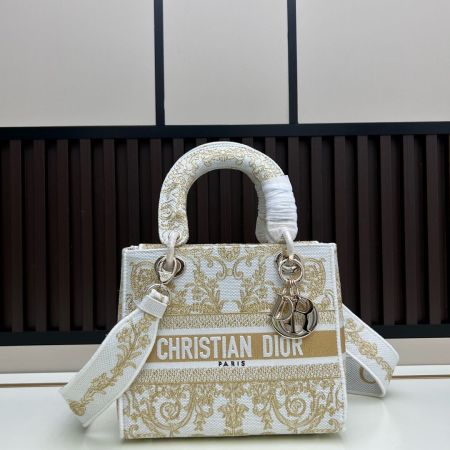 Christian Dior Medium Lady D-Lite Bag – White & Gold Embroidered