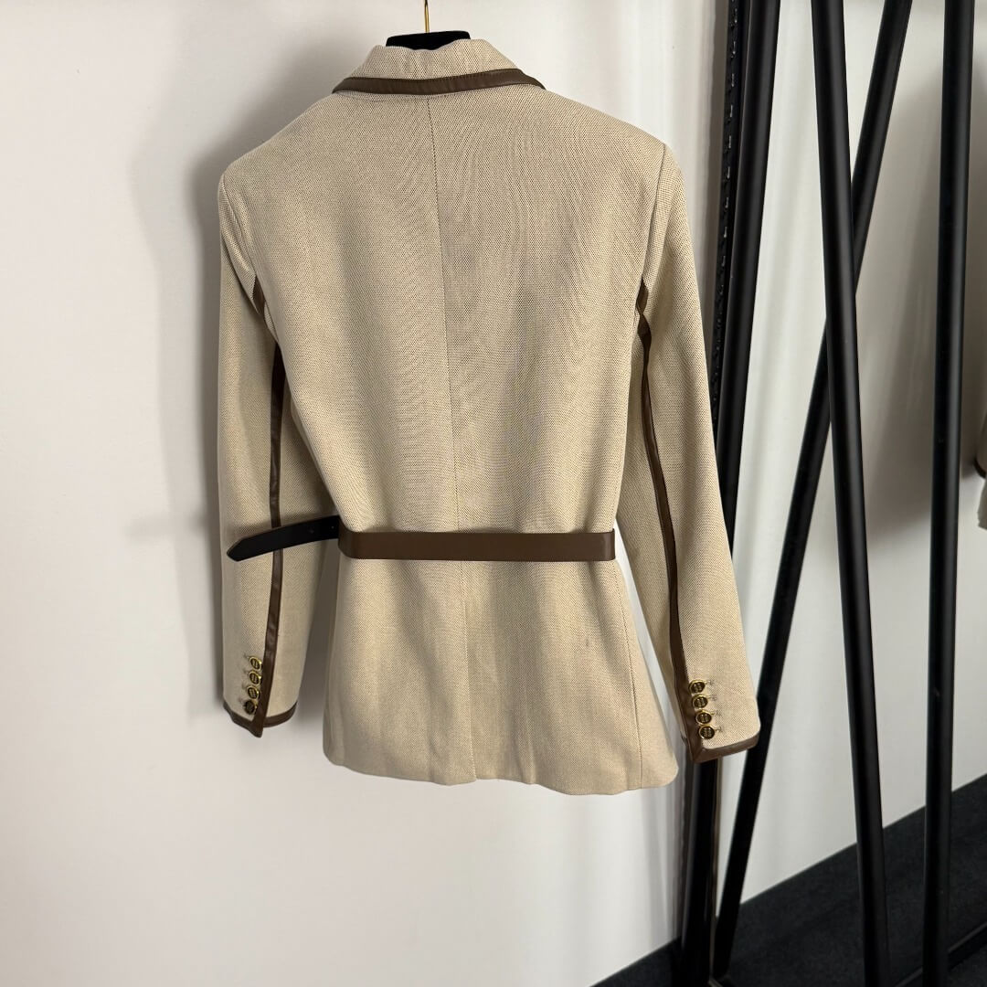 Miu Miu Single-Breasted Corduroy & Leather Jacket – Ivory with Brown Accents - Image 8