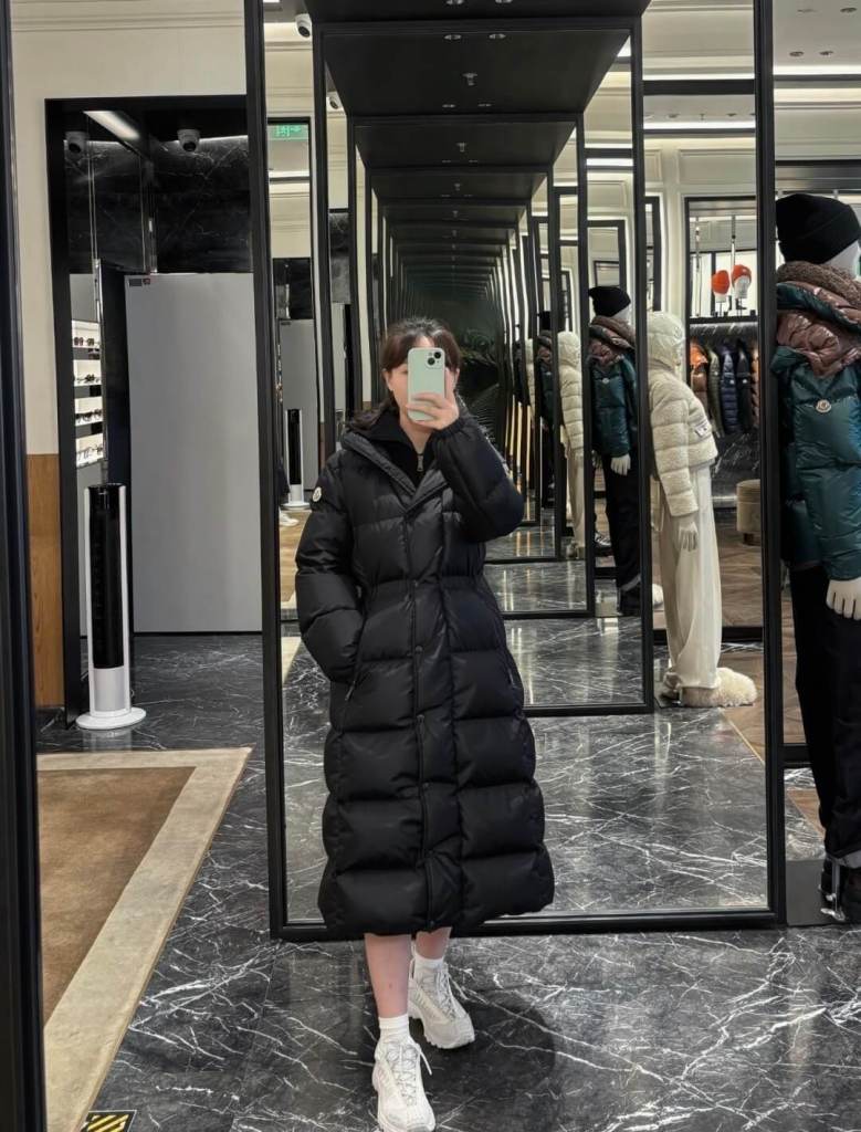 Moncler Long Puffer Coat in Black/ivory