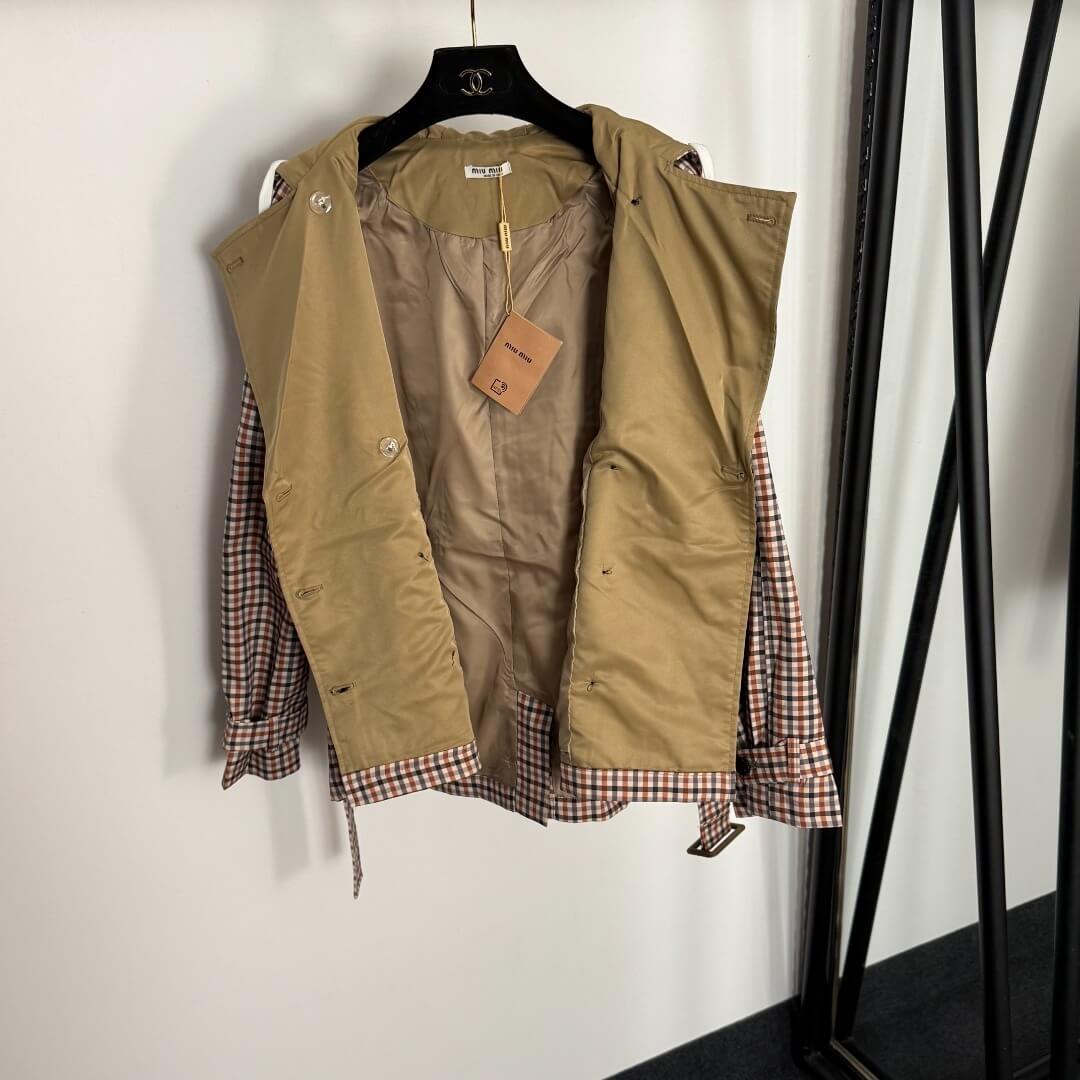 Miu Miu Vichy Plaid Hooded Trench Coat – Camel & Brown - Image 6