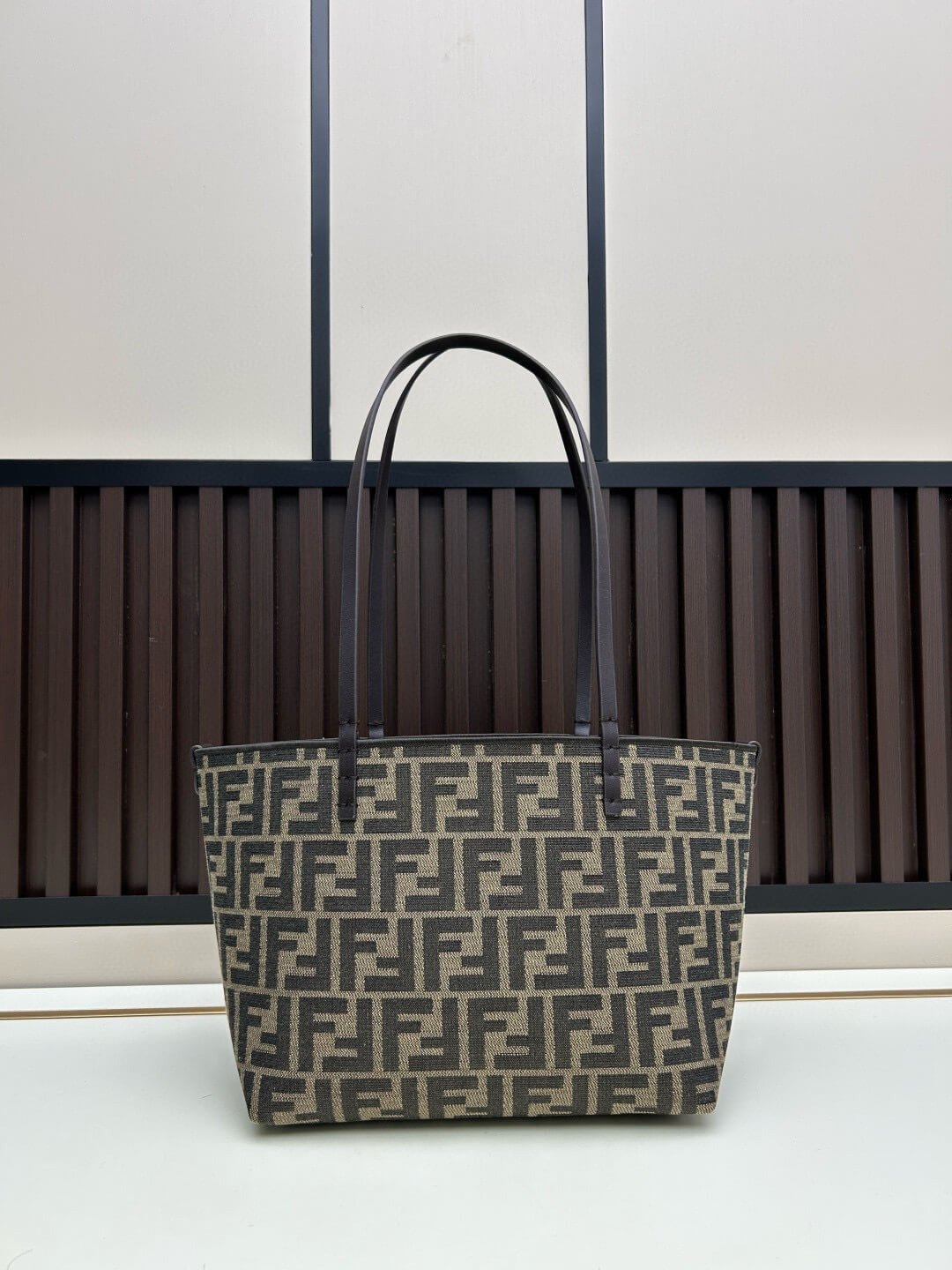 Fendi Roll Large Shopper Tote – FF Jacquard Canvas & Dark Brown Leather - Image 4