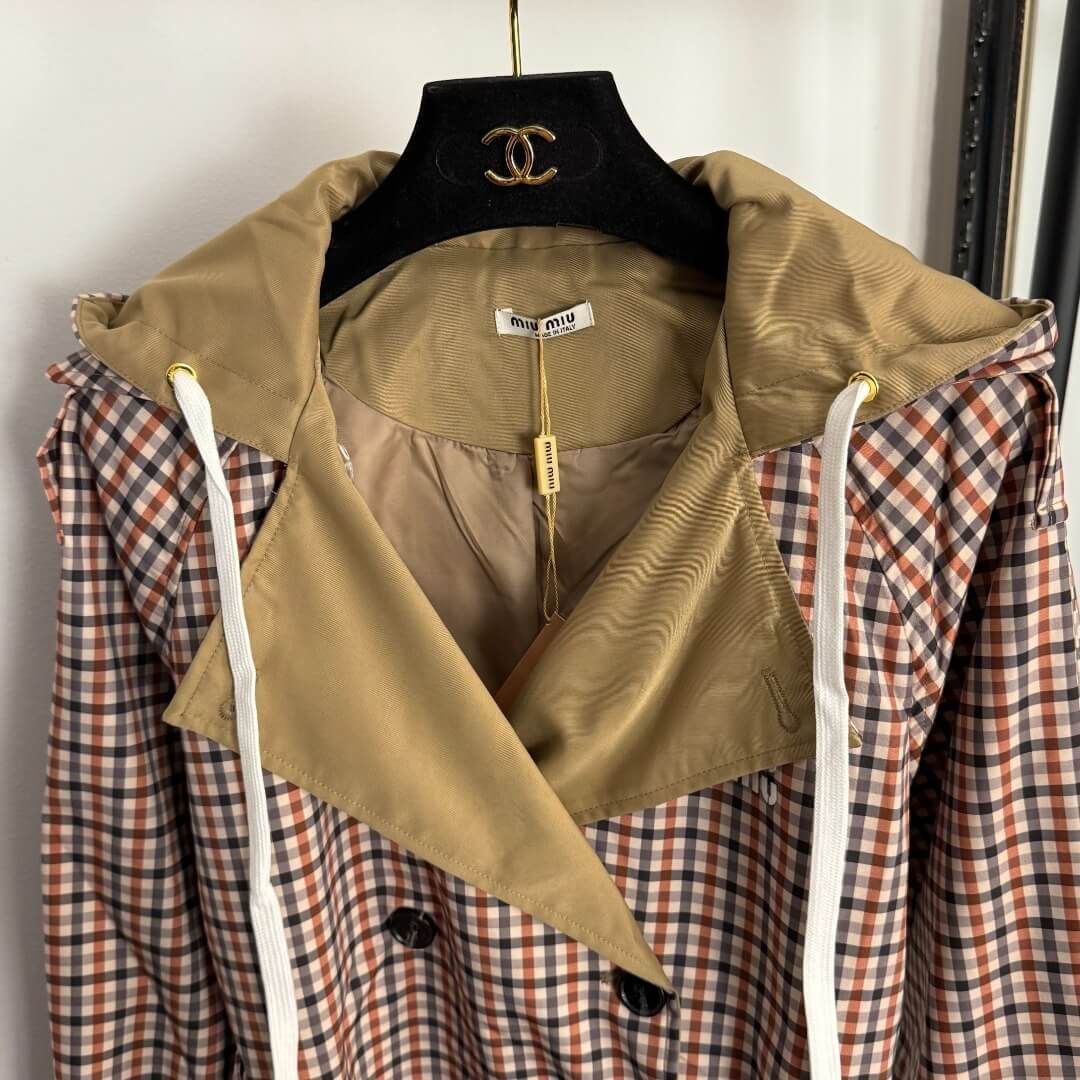 Miu Miu Vichy Plaid Hooded Trench Coat – Camel & Brown - Image 5